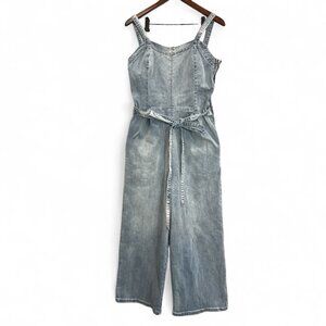Denim Belted Wide-Leg Jumpsuit - Light Blue